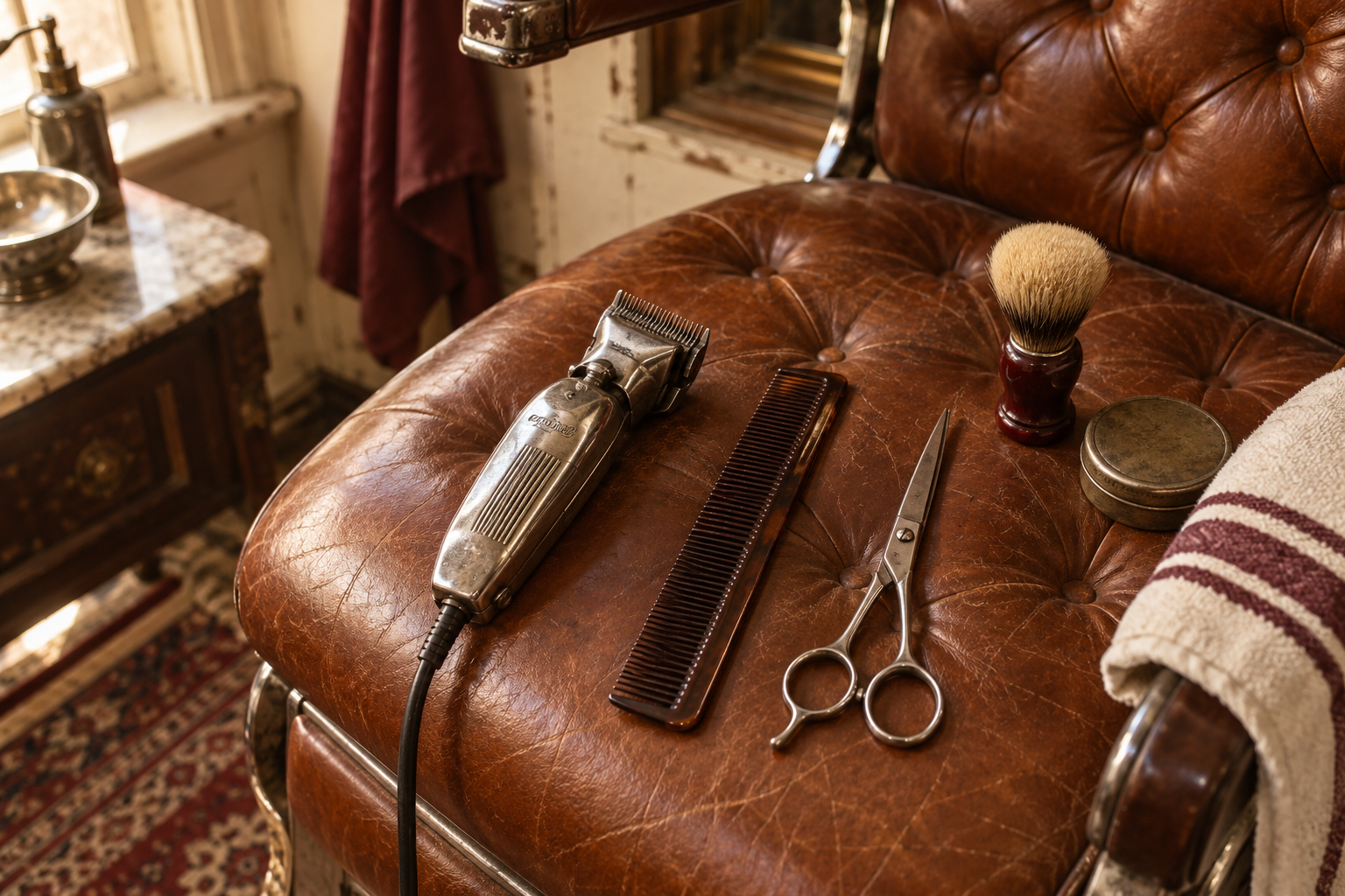 Illustration of vintage barber tools resting on a leather barber chair