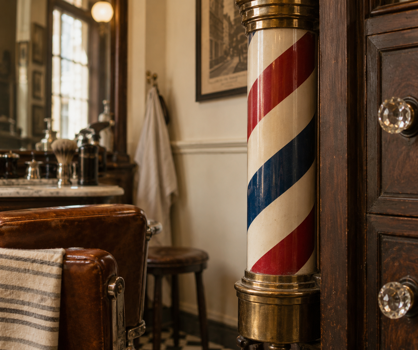 Illustration of a striped barber pole detail against a cream wall